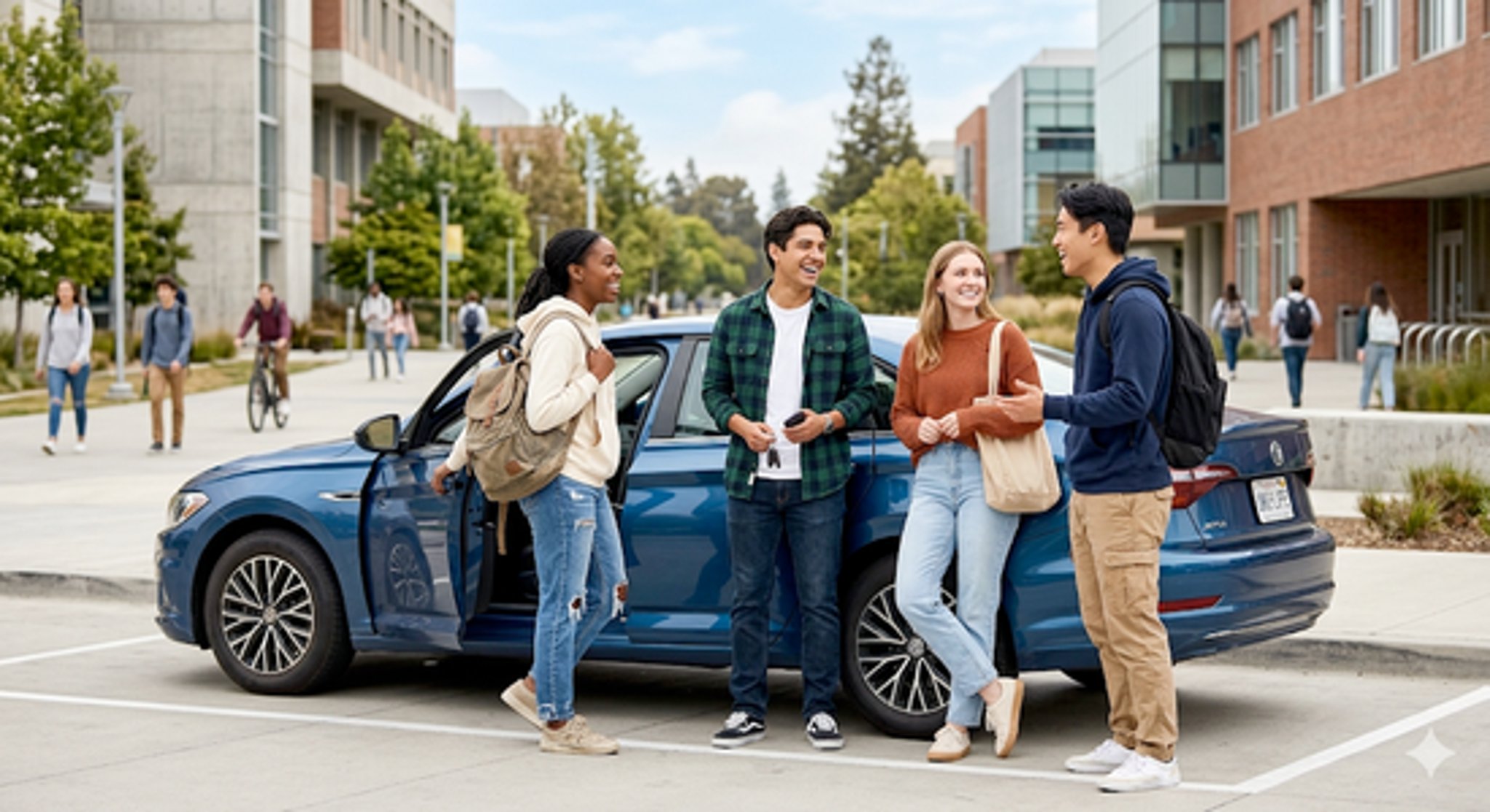 Students sharing rides on a college campus